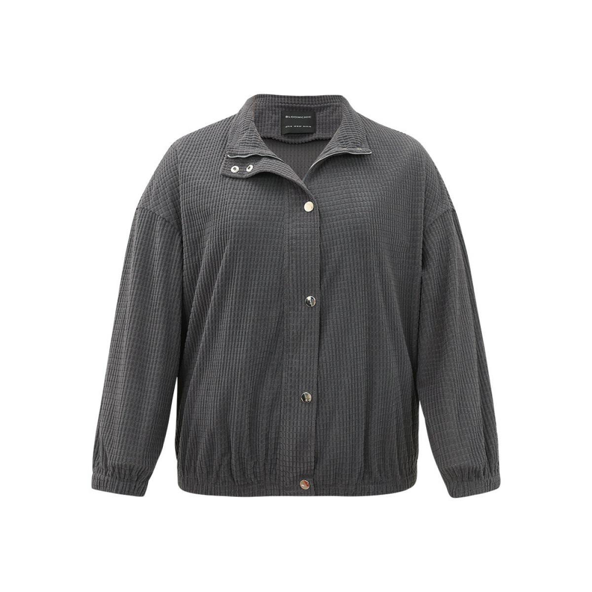 Plus Size Solid Texture Button Through Pocket Shacket Women Gray Elastic cuffs Pocket Everyday Jackets BloomChic 30/6X Product Image