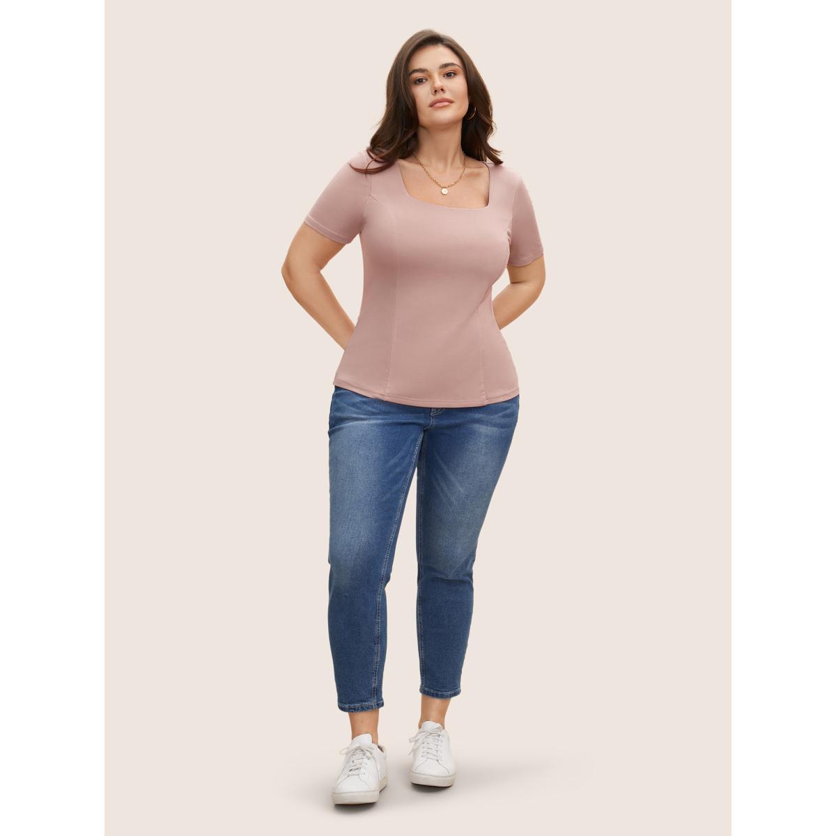 Plus Size Square Neck Solid Rib Knit T-shirt Dirtypink Women Casual Non Square Neck Bodycon Everyday T-shirts BloomChic 10/M Product Image