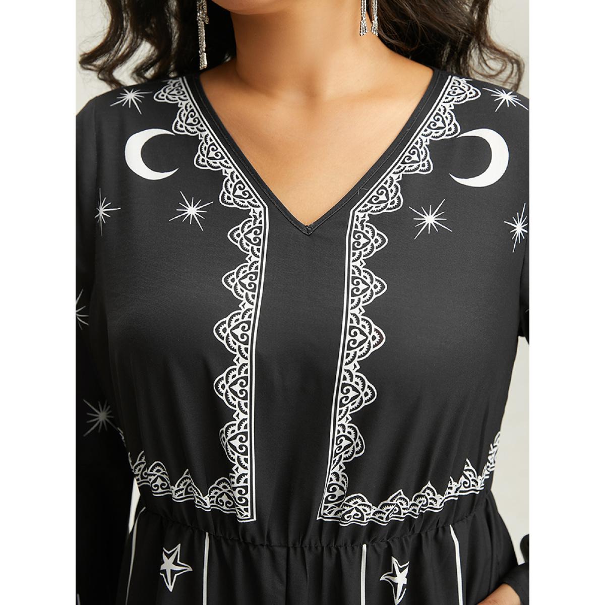 Plus Size Black Halloween Moon & Star Elastic Waist Bell Sleeve Jumpsuit Women Casual Long Sleeve V-neck Festival-Halloween Loose Jumpsuits BloomChic 12/L Product Image
