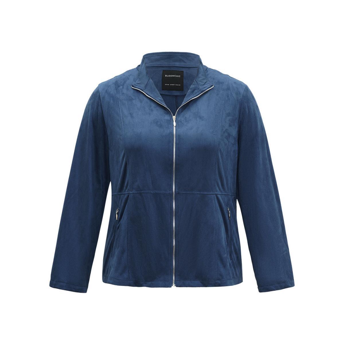 Plus Size Solid Pocket Zipper Jacket Women Indigo Plain Pocket Dailywear Jackets BloomChic 18-20/2X Product Image