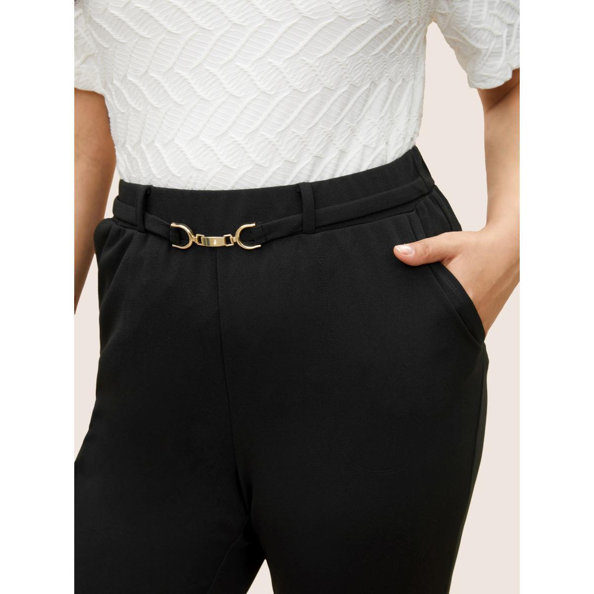 Plus Size Flare Leg Pocket Metal Buckle Detail Pants Women Black At the Office Flare Leg High Rise Work Pants BloomChic 18-20/2X Product Image