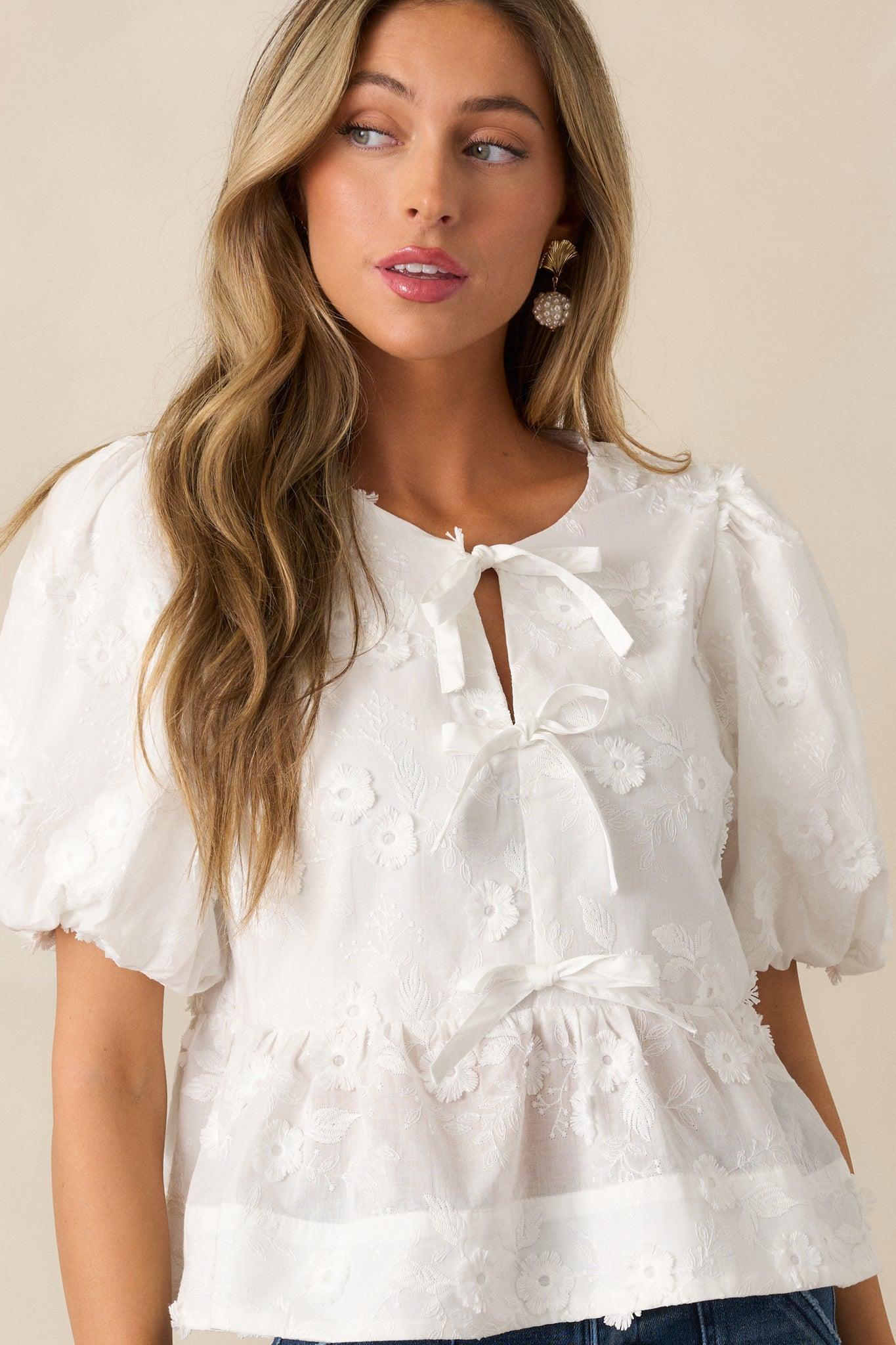 Picnic At Sunset White Floral Embroidered Blouse Product Image