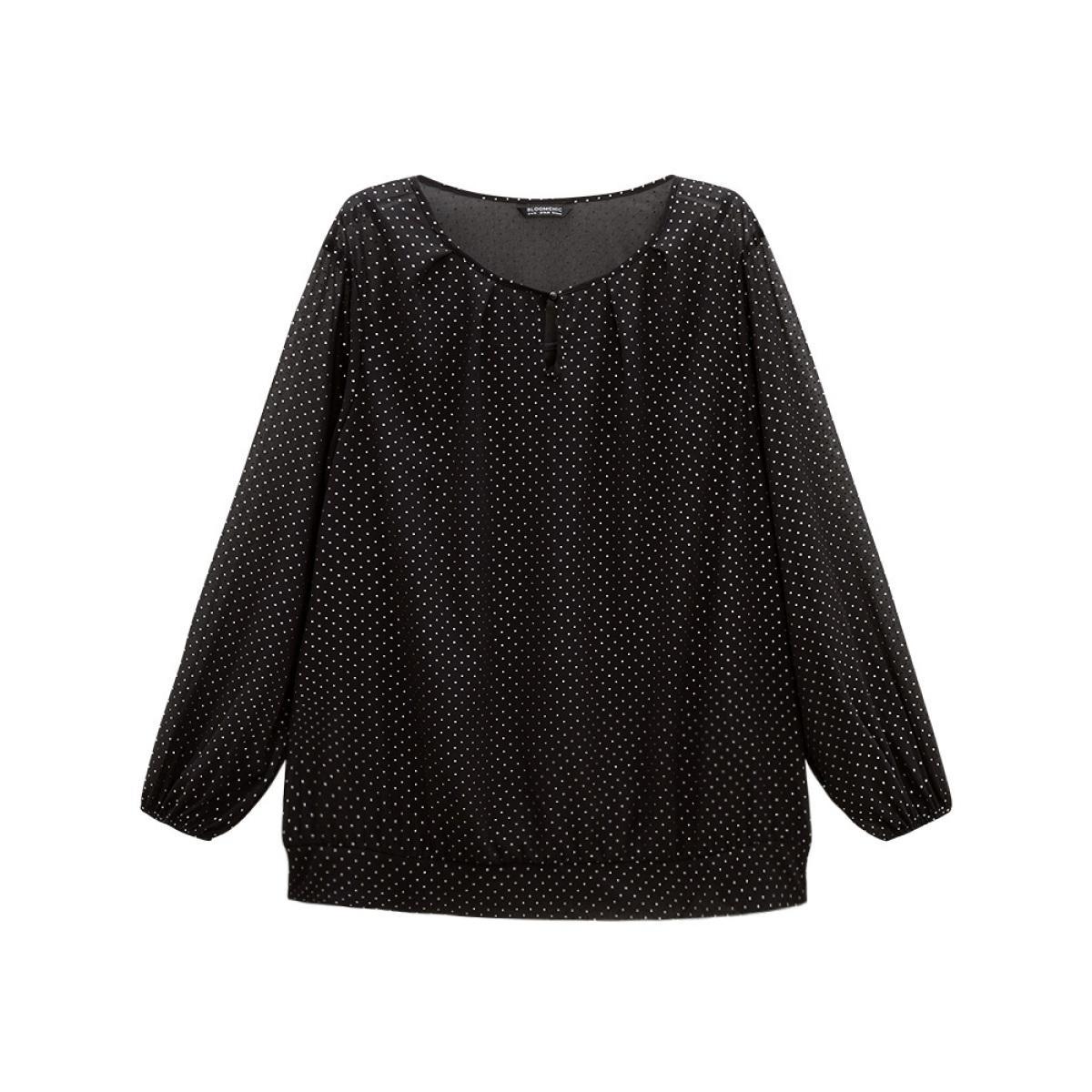 Plus Size BlackFlower Glitter Polka Dot Puff Sleeve Keyhole Blouse Women Elegant Long Sleeve Round Neck Dailywear Blouses BloomChic 30/6X Product Image