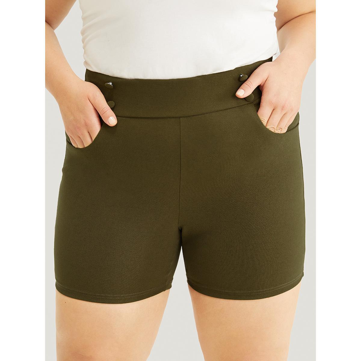 Plus Size Solid Elastic Waist Button Detail Pocket Shorts Women ArmyGreen Elegant High stretch Bodycon Mid Rise Dailywear Leggings BloomChic 10/M Product Image