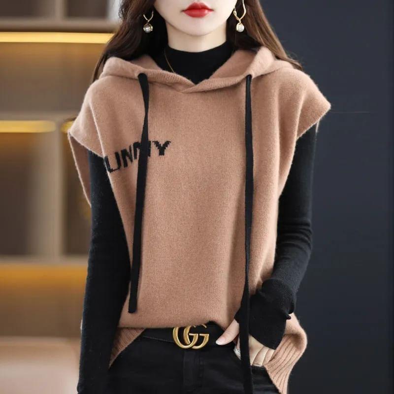 Lettering Print Drawstring Hooded Sweater Vest Product Image