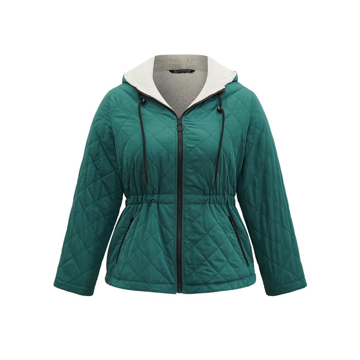 Plus Size Drawstring Quilted Zipper Fluffy Patchwork Jacket Women DarkGreen Texture Pocket Everyday Jackets BloomChic 26/4X Product Image