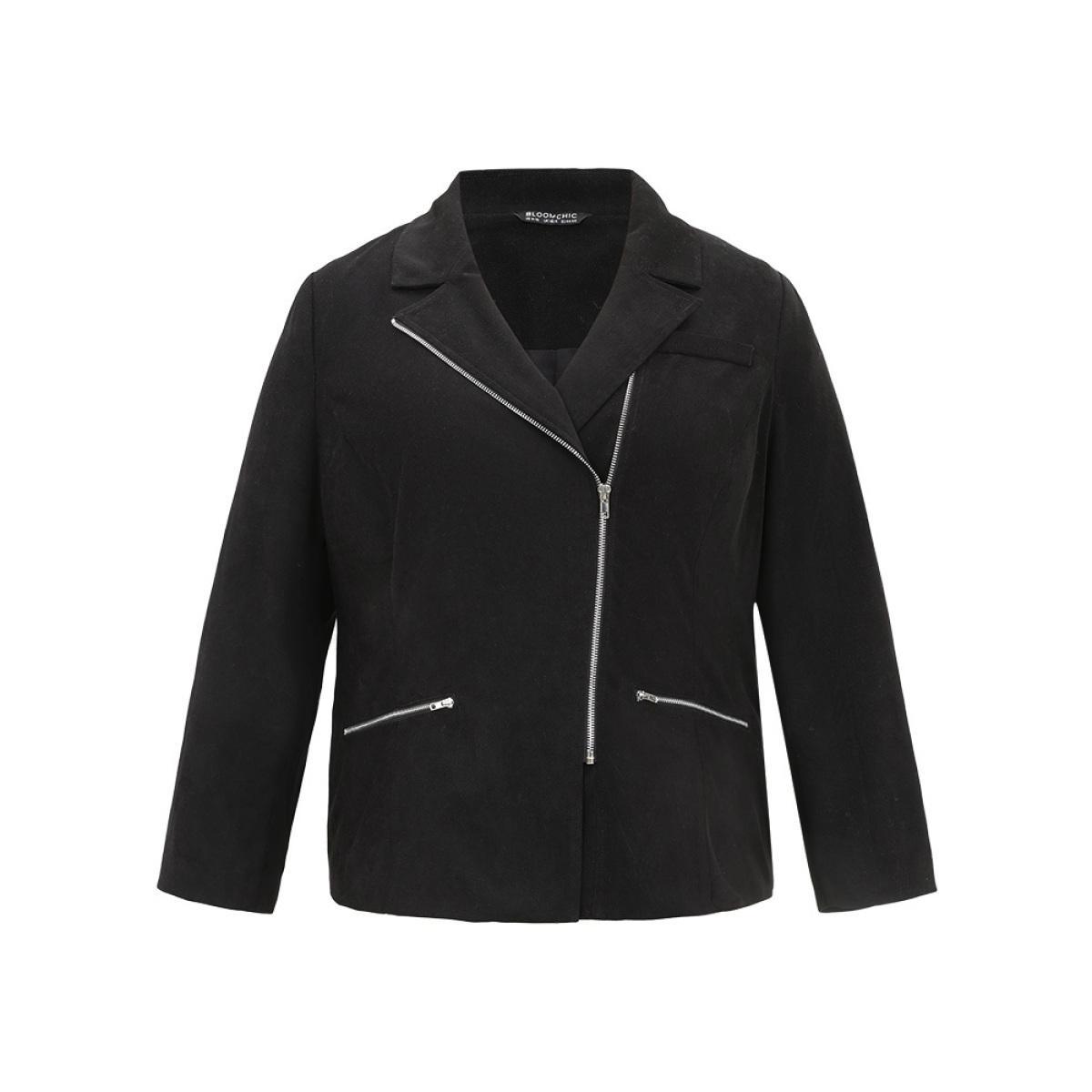 Plus Size Solid Corduroy Zipper Lapel Collar Blazer Black Women Work Plain Lined Sleeve Long Sleeve Lapel Collar 26/4X Pocket At the Office Blazers BloomChic Product Image