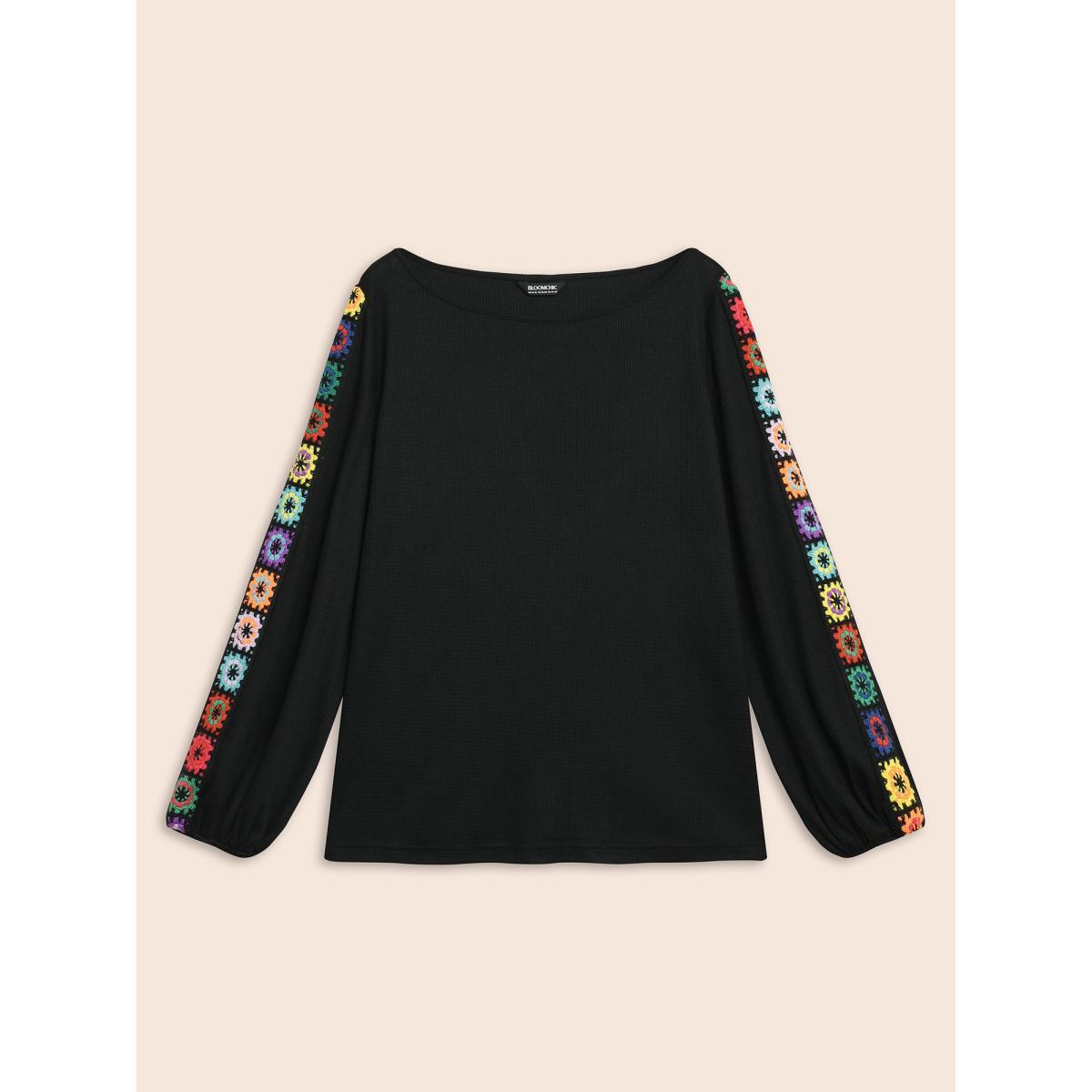 Plus Size Crew Neck Patchwork Crochet Floral T-shirt Black Women Casual Woven ribbon&lace trim Non Everyday T-shirts BloomChic 28/5X Product Image