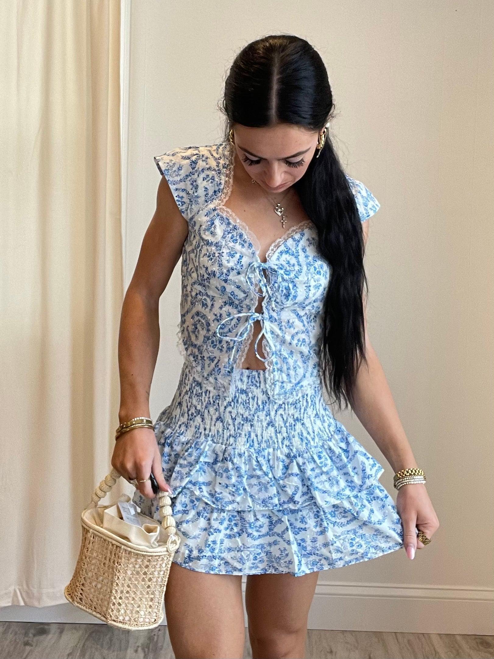 FINAL SALE Tonya Eyelet Lace Tank Top | White & Blue Product Image