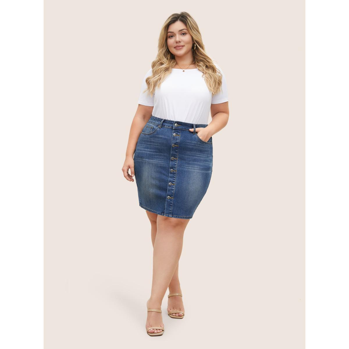 Plus Size Dark Wash Button Detail Bodycon Denim Skirt Women Blue Everyday Non Plain High stretch Dark Wash 12/L Slanted pocket Elegant Denim Skirts BloomChic Product Image