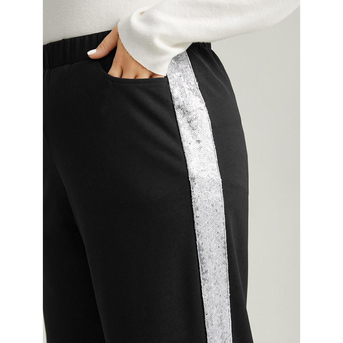 Plus Size Sequin Patchwork Pocket Wide Leg Pants Women Black Glamour Wide Leg High Rise Festival-Christmas Pants BloomChic 22-24/3X Product Image