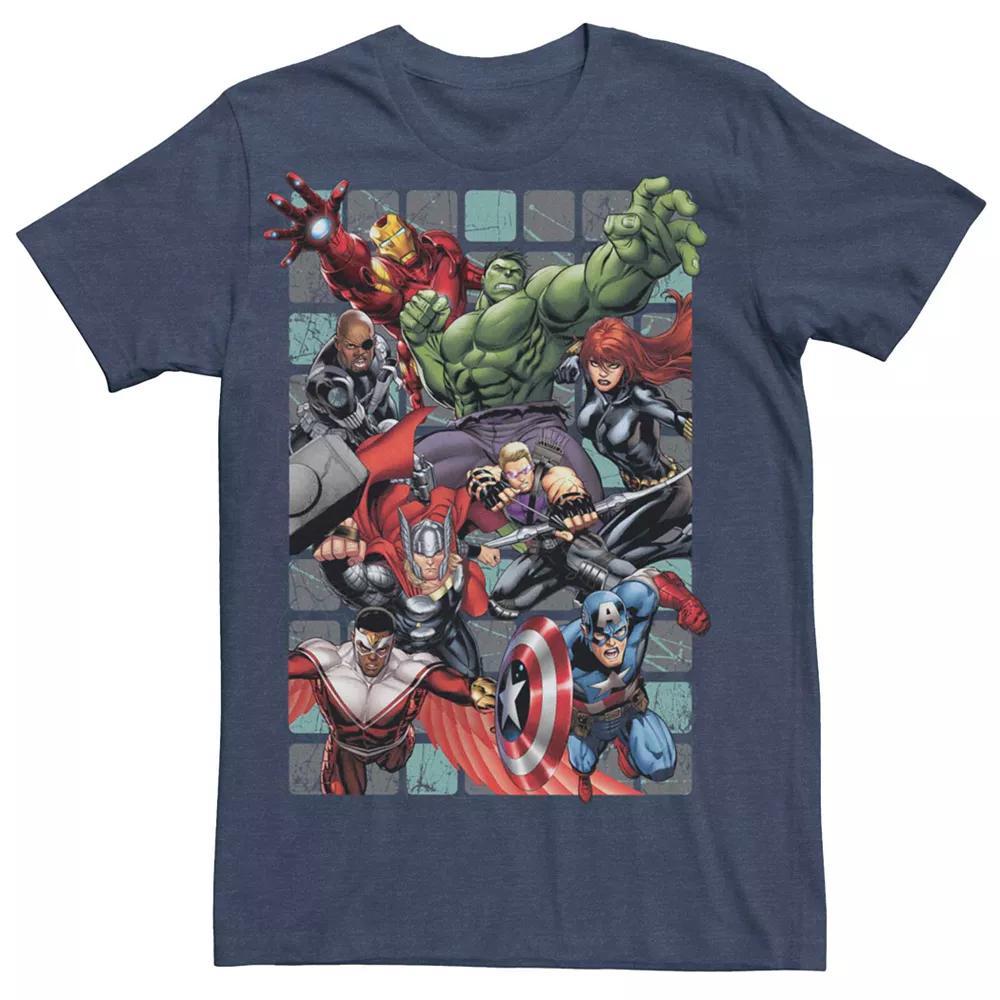 Mens Marvel Retro Avengers Assembled Group Squares Tee Navy Grey Product Image