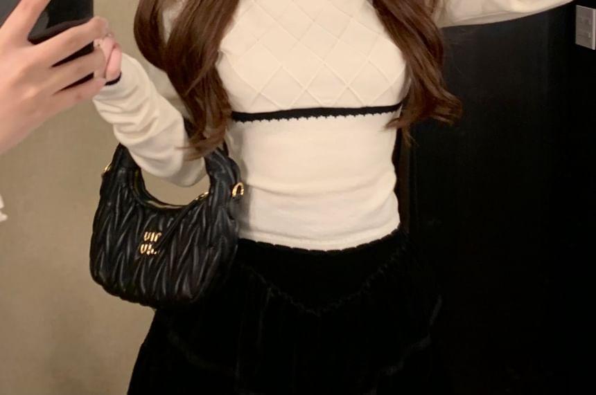 Plain Fluffy Crop Jacket / Long-Sleeve Mock Neck Bow Accent Contrast Trim Knit Top / High Rise Lace Trim Velvet Mini A-Line Skirt Product Image