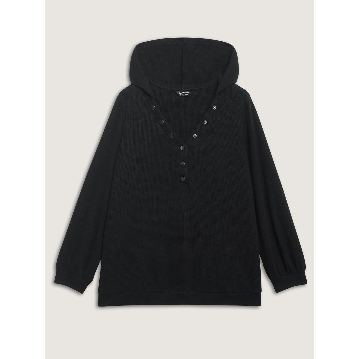 Plus Size Textured Snap Buttons Hooded Sweatshirt Women Black Texture Hooded Everyday-Casual Sweatshirts BloomChic 12/L Product Image