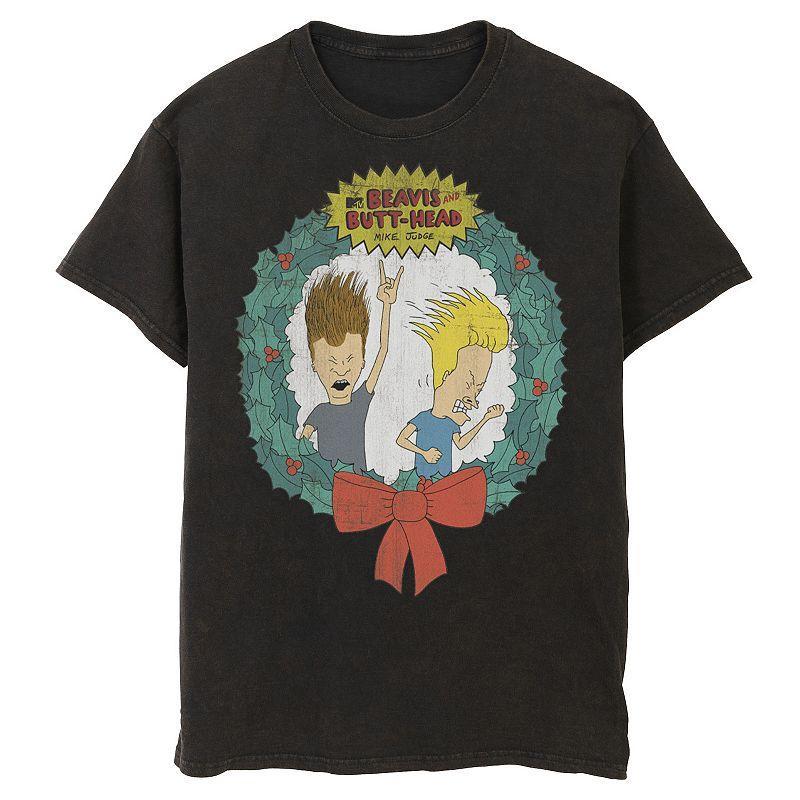 Men's Cartoon Network Beavis and Butthead Christmas Wreath Tee, Size: Large, Grey Heather Product Image