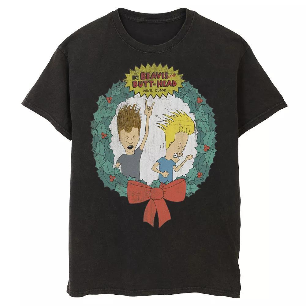Men's Cartoon Network Beavis and Butthead Christmas Wreath Tee, Size: Large, Grey Heather Product Image