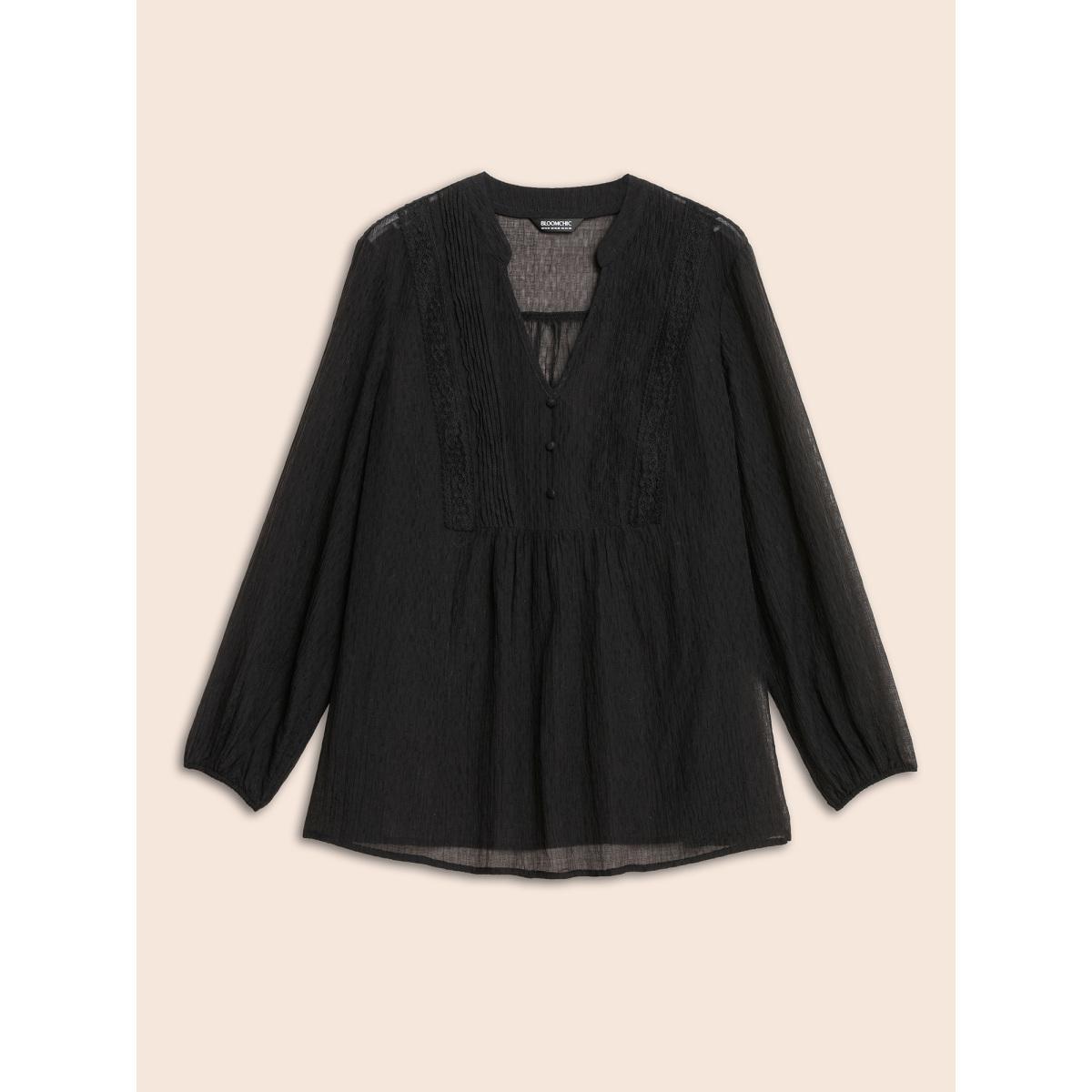 Plus Size Black Textured Lace Panel Pleated Blouse Women Elegant Long Sleeve V-neck Everyday Blouses BloomChic 12/L Product Image