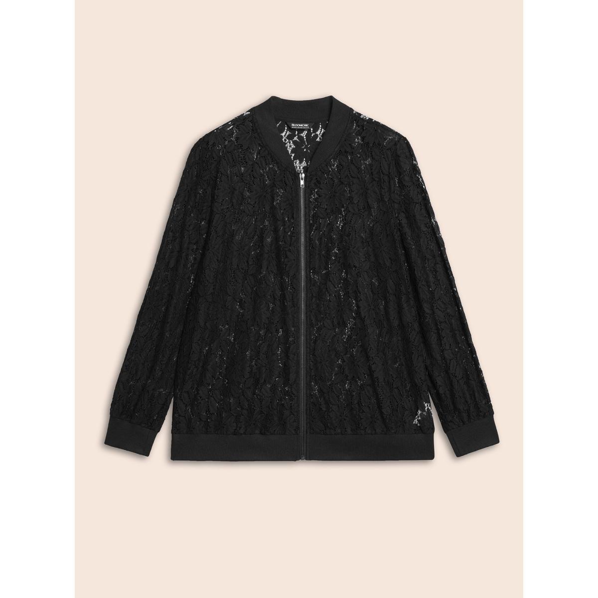 Plus Size Lace Panel Zipper See Through Jacket Women Black See through Everyday Jackets BloomChic 28/5X Product Image