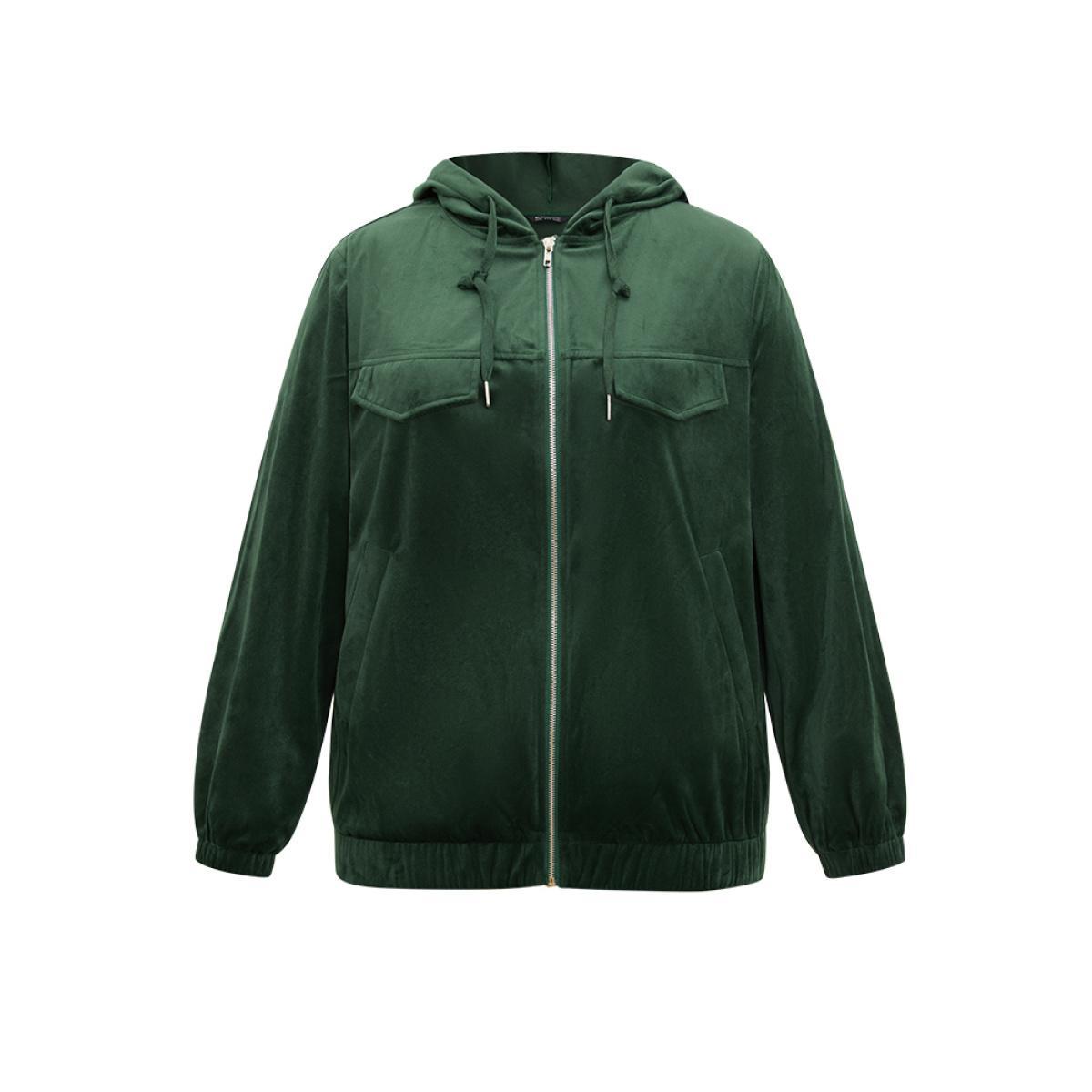 Plus Size Velvet Zipper Pocket Drawstring Hooded Jacket Women Emerald Elastic cuffs Pocket Dailywear Jackets BloomChic 30/6X Product Image