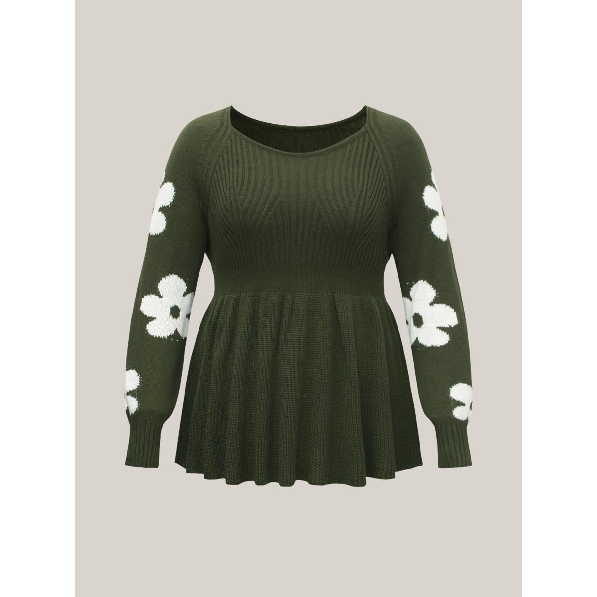Plus Size Floral Patch Jacquard Cinched Waist Pullover ArmyGreen Women Elegant Bodycon Long Sleeve Square Neck Everyday Pullovers BloomChic 12/L Product Image