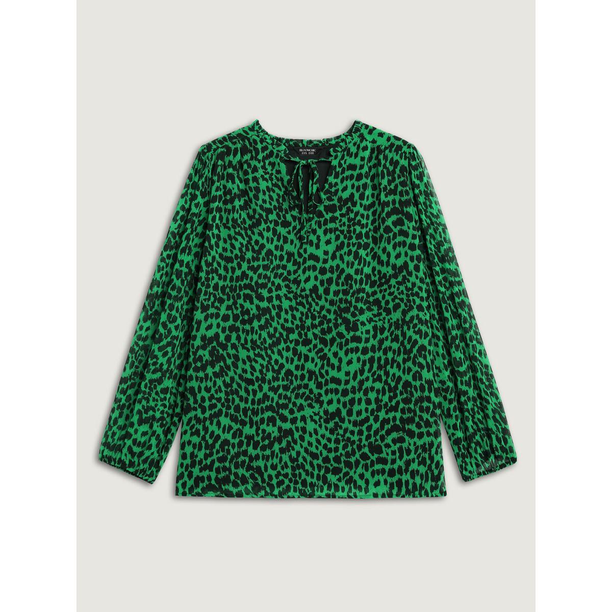 Plus Size DarkGreen Leopard Print Tie Knot Lantern Sleeve Blouse Women Elegant Long Sleeve V-neck Everyday Blouses BloomChic 30/6X Product Image