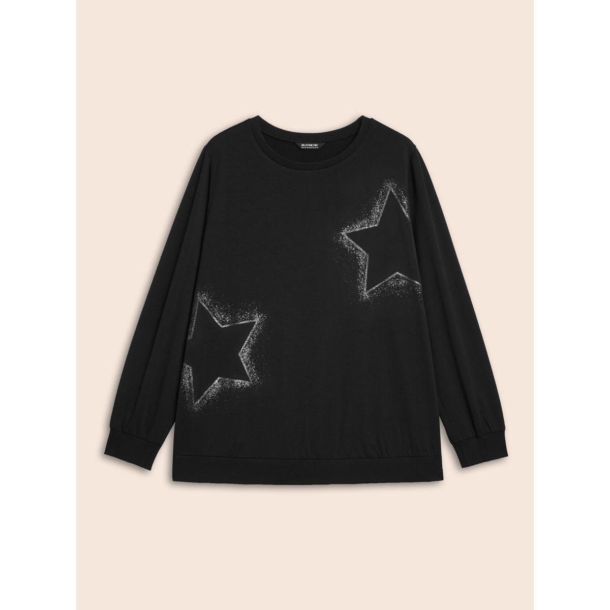Plus Size Star Rhinestone Slightly Stretchy Sweatshirt Women Black Casual Rhinestone detailing Round Neck Everyday Sweatshirts BloomChic 22-24/3X Product Image
