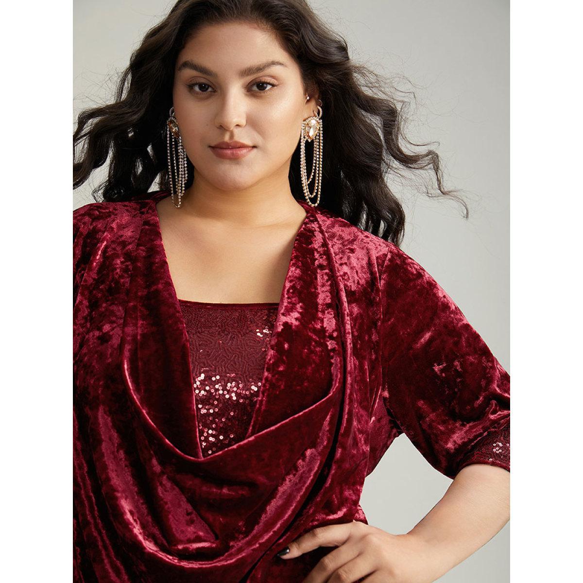 Plus Size Scarlet Cowl Neck 2-In-1 Sequin Patchwork Blouse Women Cocktail Elbow-length sleeve Cowl Neck Party Blouses BloomChic 18-20/2X Product Image