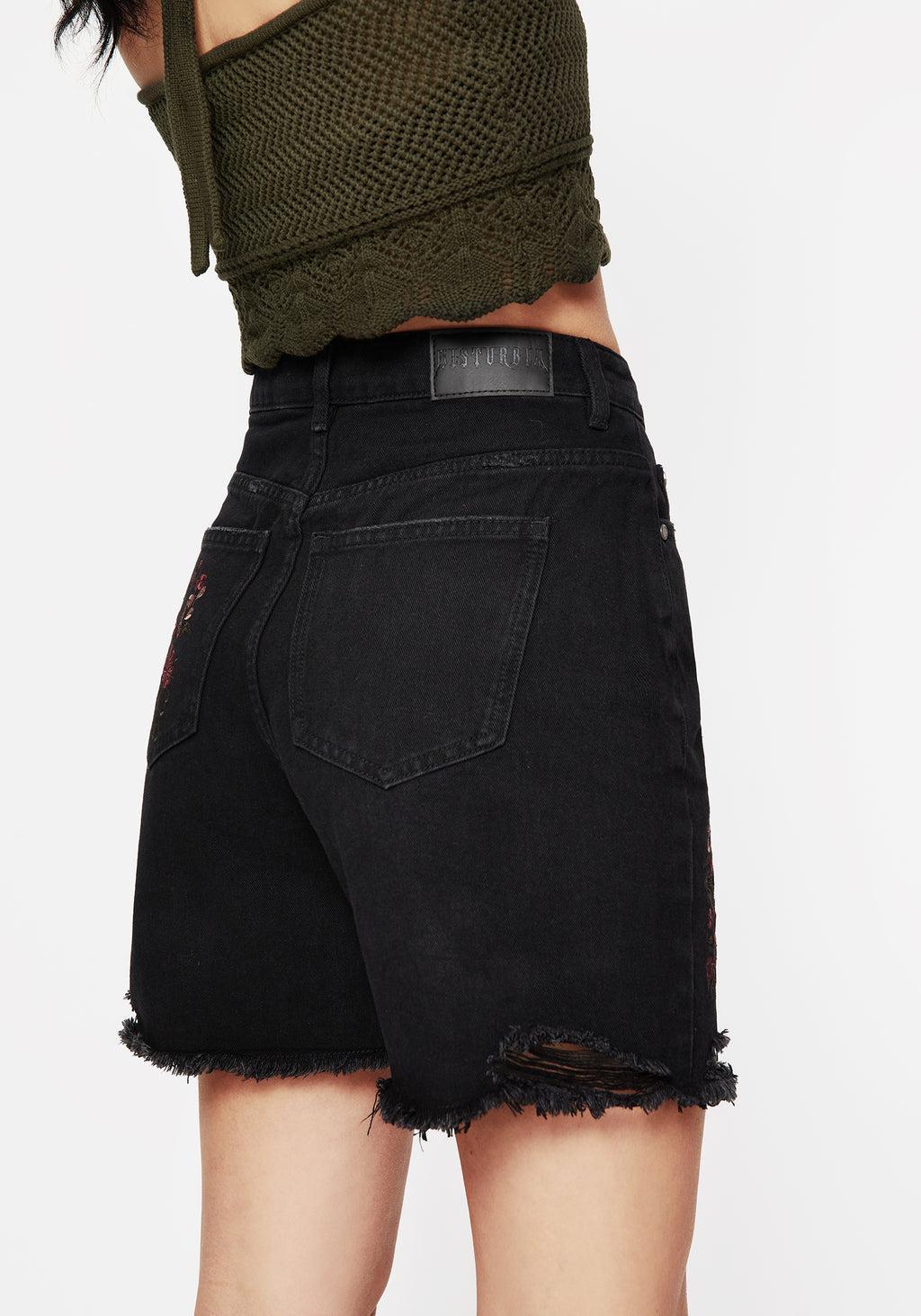 Aster Floral Embroidered Mid Length Denim Shorts Product Image