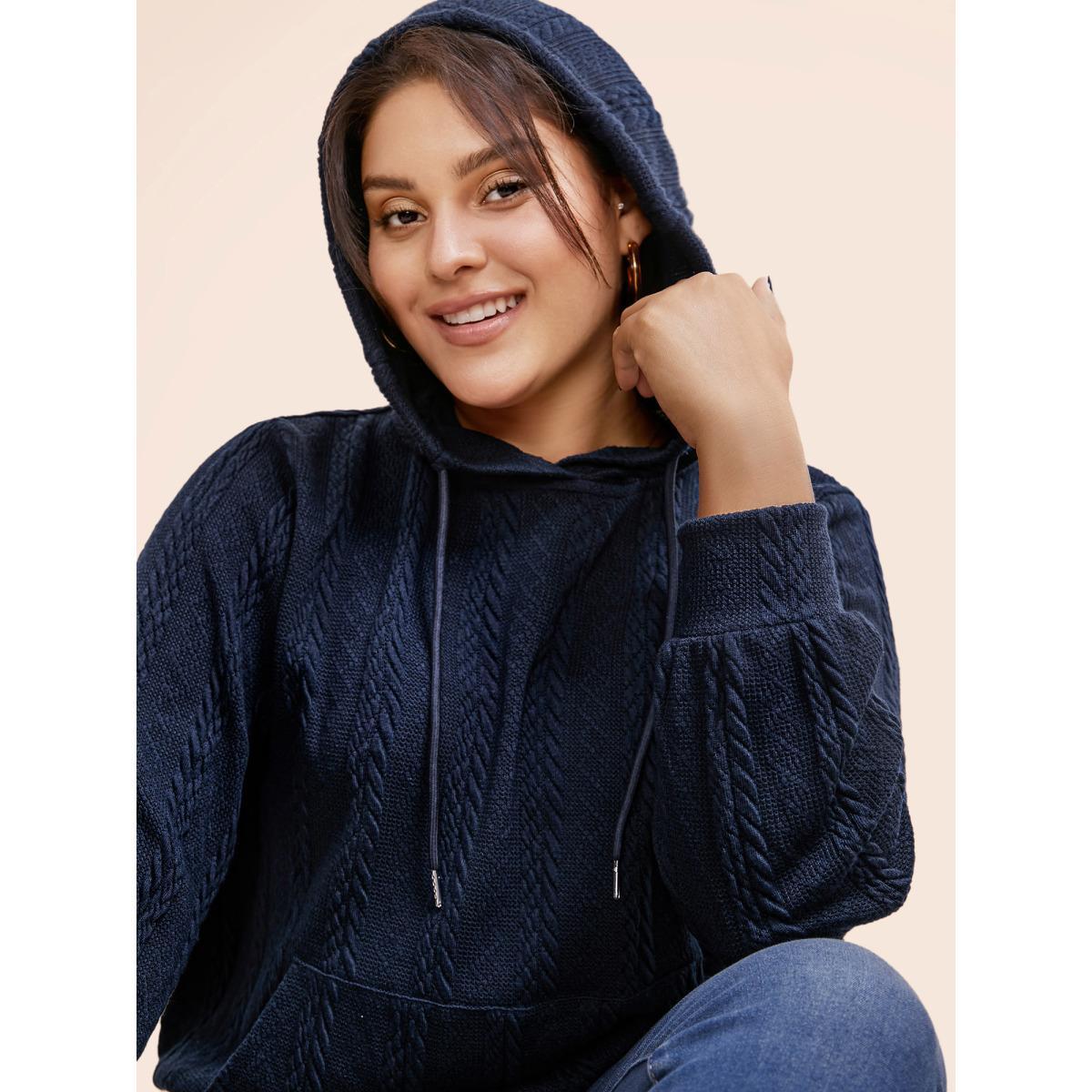 Plus Size Solid Cable Knit Hooded Drawstring Sweatshirt Women DarkBlue Casual Texture Hooded Everyday Sweatshirts BloomChic 26/4X Product Image