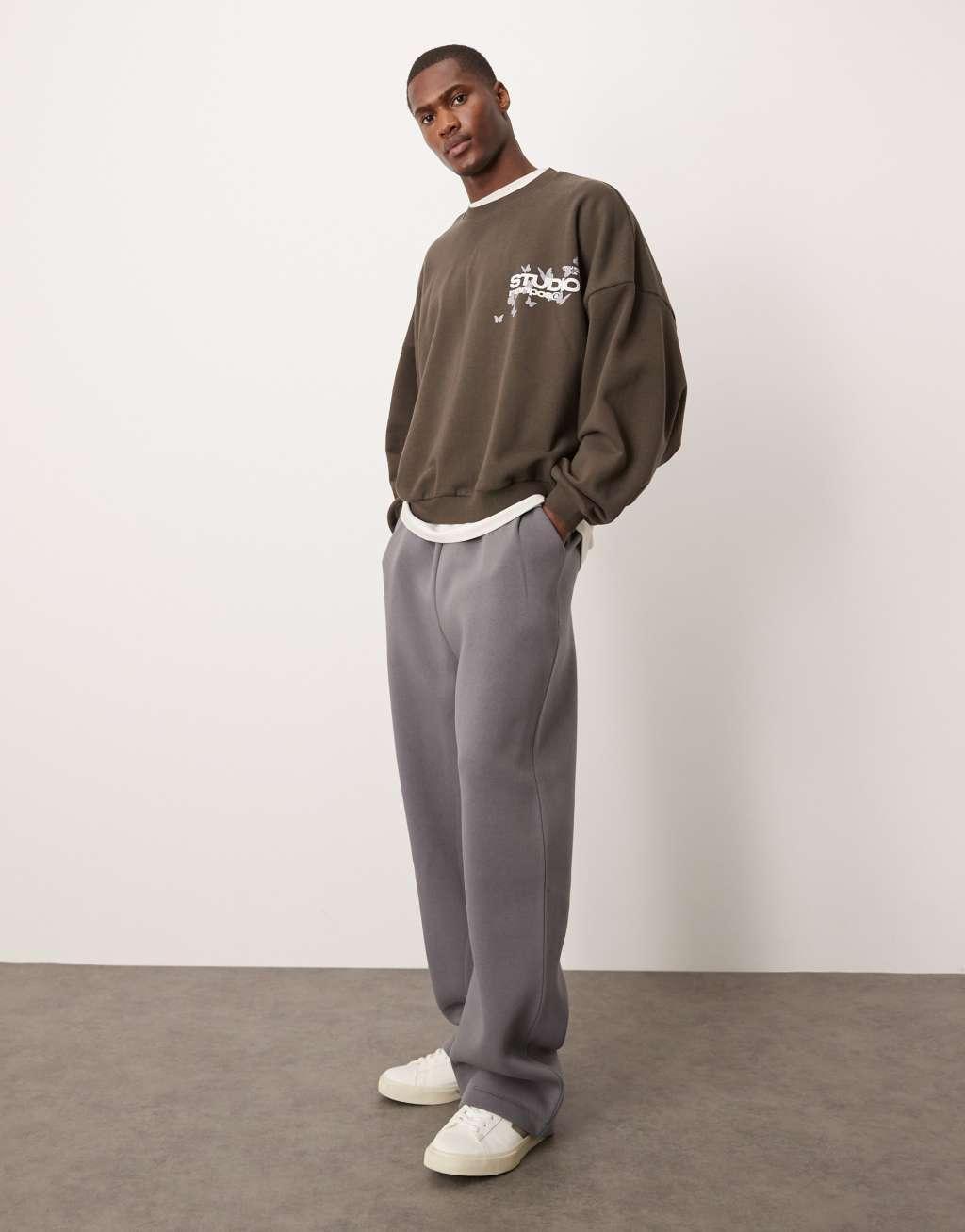 ASOS DESIGN extreme oversized boxy sweatshirt with chest print in brown Product Image