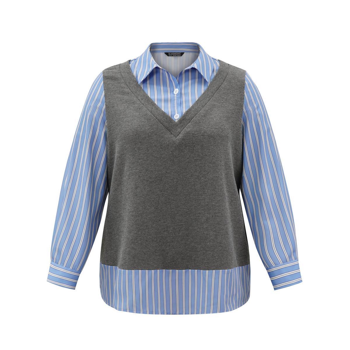 Plus Size 2-In-1 Striped Patchwork Waffle Knit Sweatshirt Women Gray Casual Waffle Knit Shirt collar Dailywear Sweatshirts BloomChic 10/M Product Image