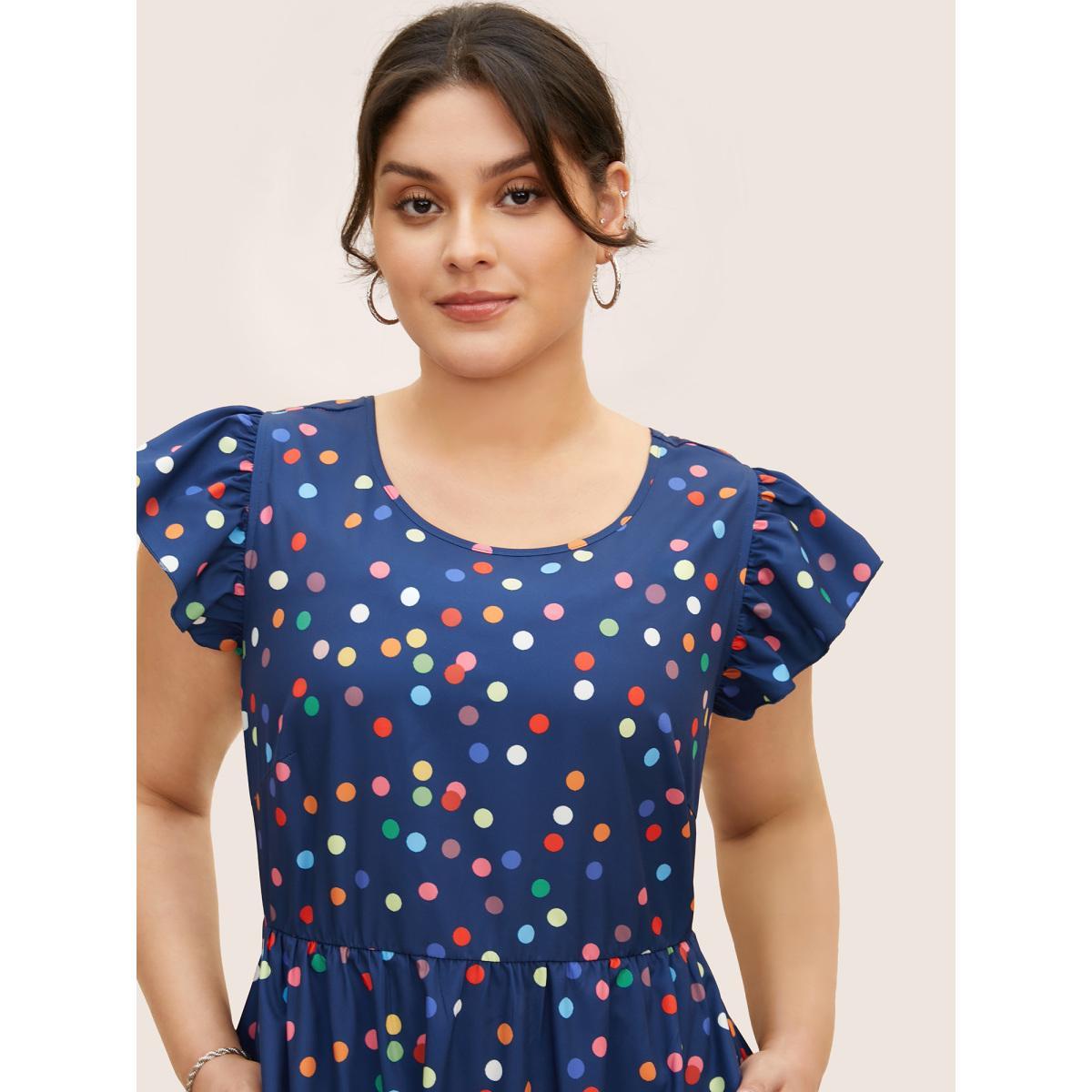 Plus Size Colored Polka Dot Tie Knot Ruffle Cap Sleeve Dress DarkBlue Women Casual Tie knot Round Neck Cap Sleeve Curvy BloomChic 18-20/2X Product Image