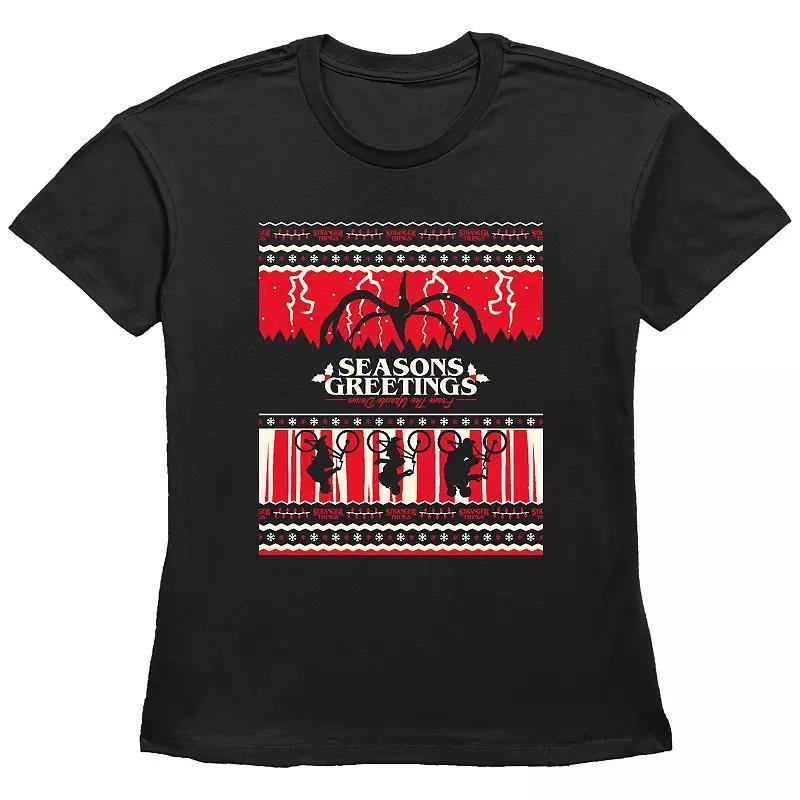Women's Stranger Things Season's Greeting From The Upside Down Graphic Tee, Size: XL, Black Product Image