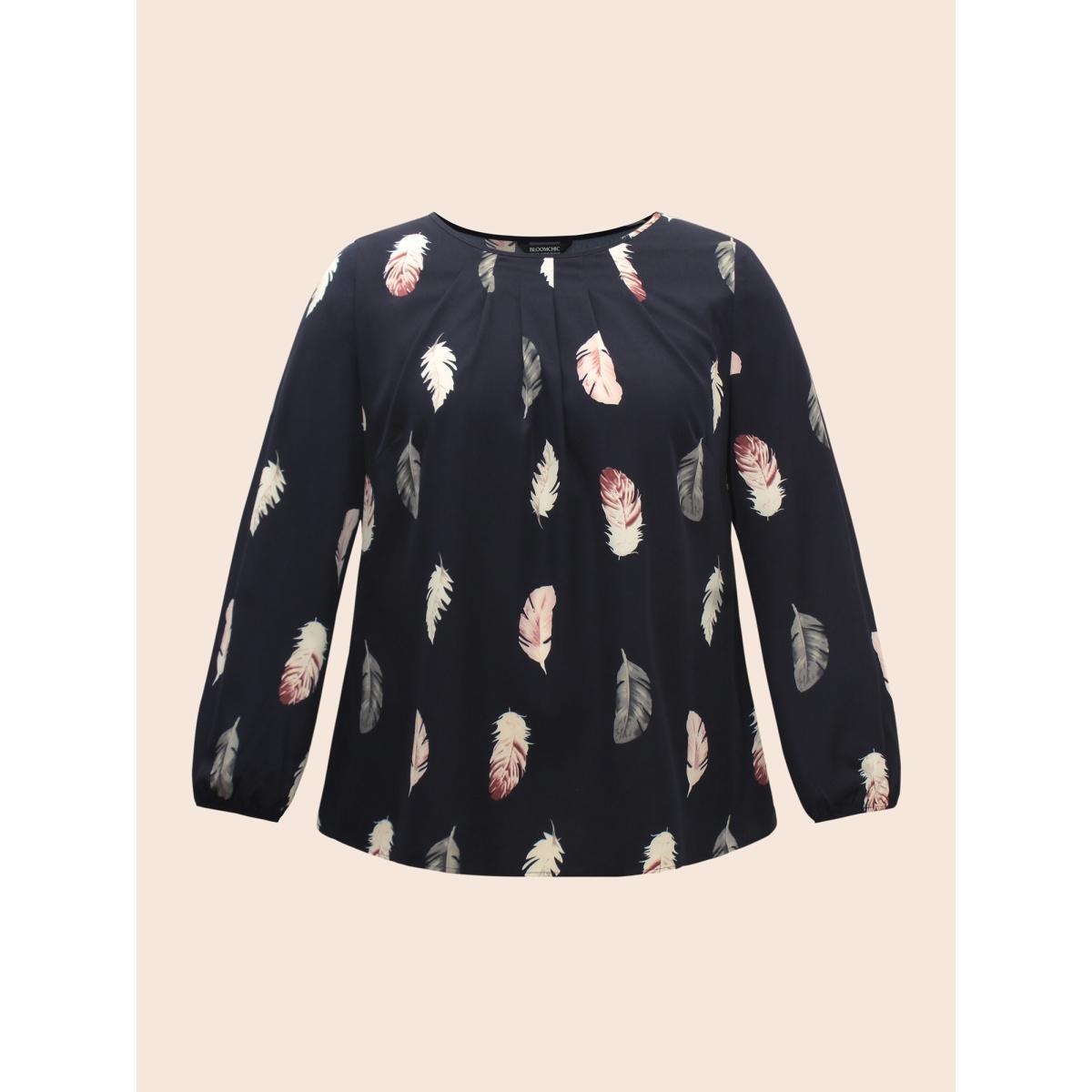 Plus Size Indigo Feather Print Pleated Slit Hem Blouse Women Elegant Extra Long Sleeve Round Neck Everyday Blouses BloomChic 14-16/1X Product Image