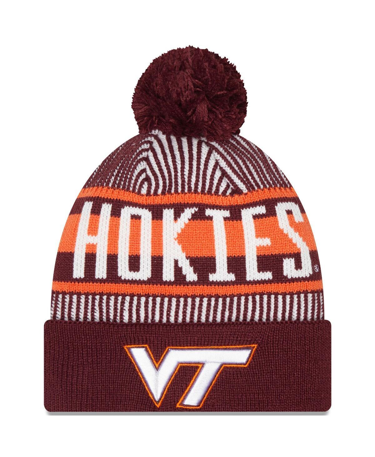 Men's New Era  Maroon Virginia Tech Hokies Logo Striped Cuff Knit Hat with Pom, Red Product Image