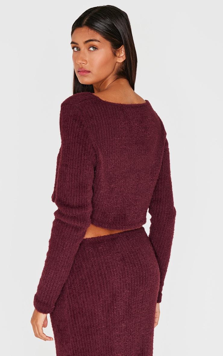 Burgundy Textured Soft Rib Square Neck Button Crop Top Product Image