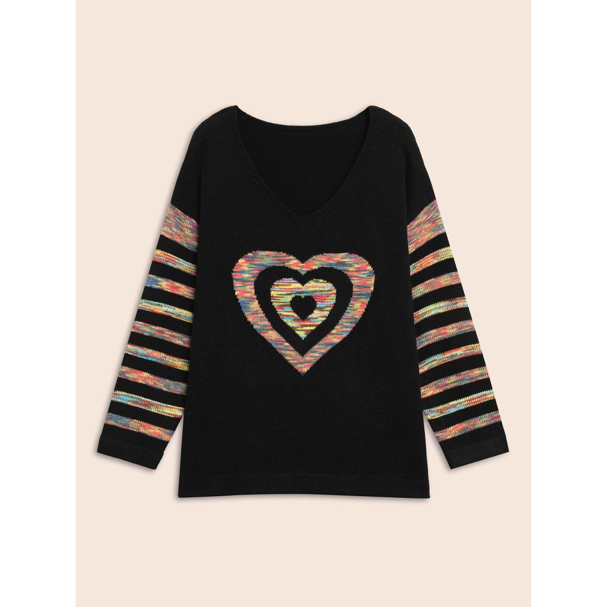 Plus Size Contrast Heart Jacquard Drop Shoulder Pullover Black Women Casual Loose Long Sleeve V-neck Everyday Pullovers BloomChic 30/6X Product Image