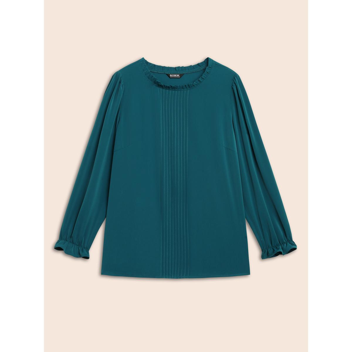 Plus Size Aegean Plain Pleated Lantern Sleeve Slit Hem Blouse Women At the Office Extra Long Sleeve Round Neck Work Blouses BloomChic 14-16/1X Product Image