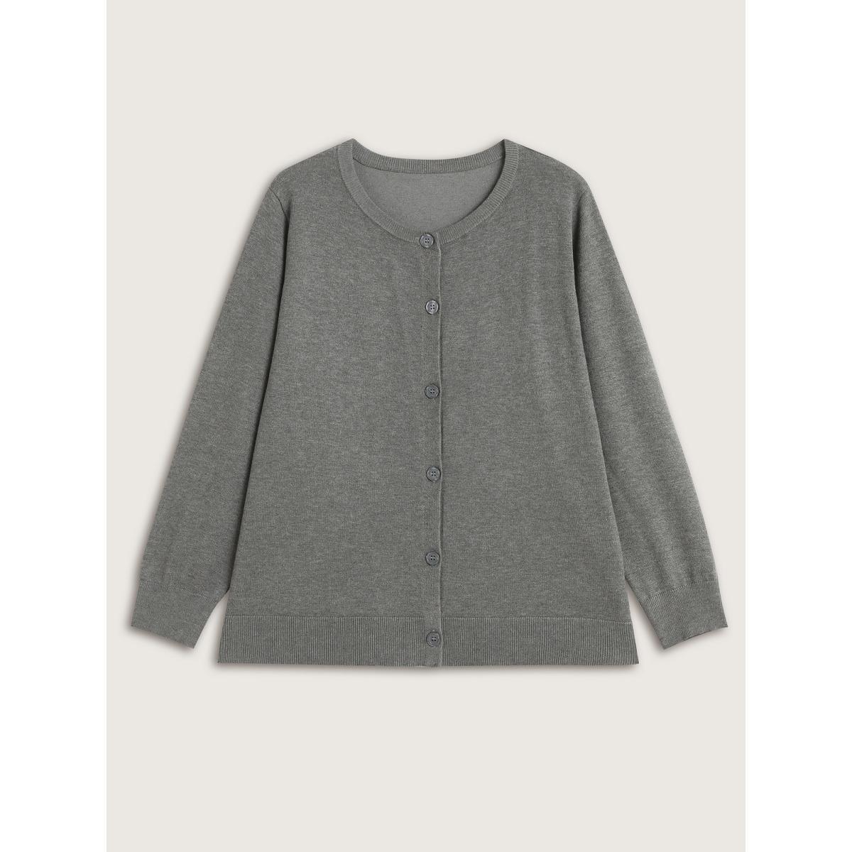Plus Size Supersoft Button Round Neck Lightweight Cardigan DarkGray Women Loose Long Sleeve Everyday-Casual Cardigans BloomChic 28/5X Product Image