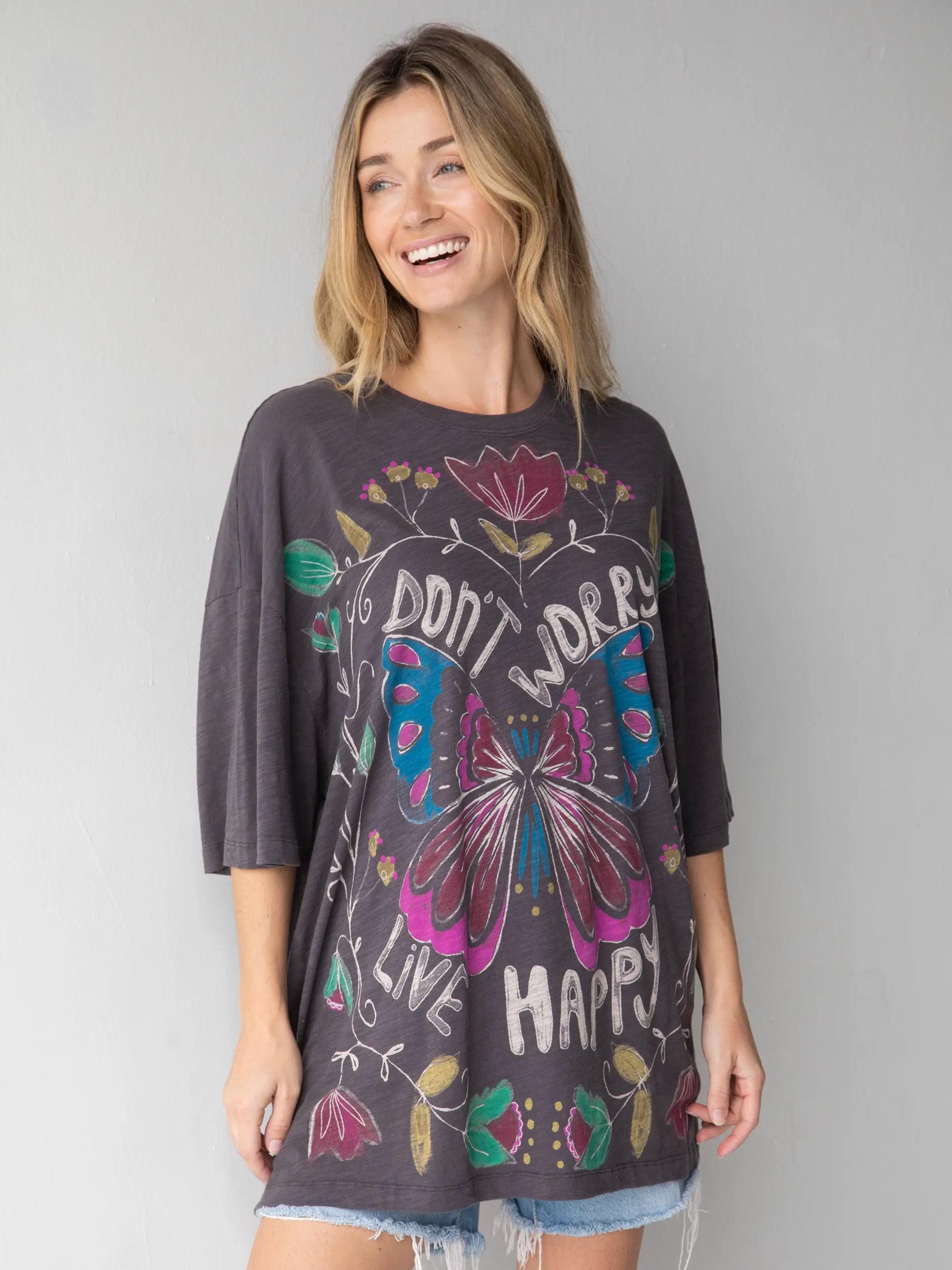 One Size Cotton Easy Tee - Don't Worry Live Happy Charcoal Product Image