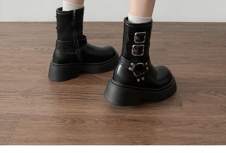 Platform Plain Buckled Short Boots Product Image
