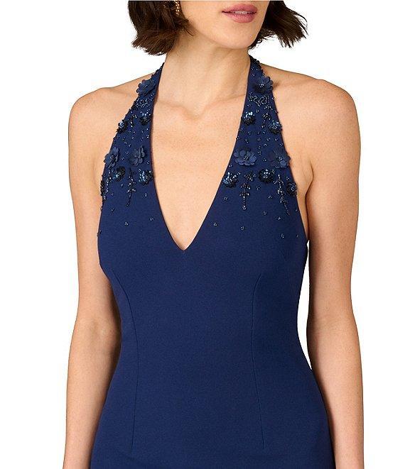 Aidan Mattox Halter V-Neck 3D Floral Beaded Crepe Sheath Midi Dress Product Image