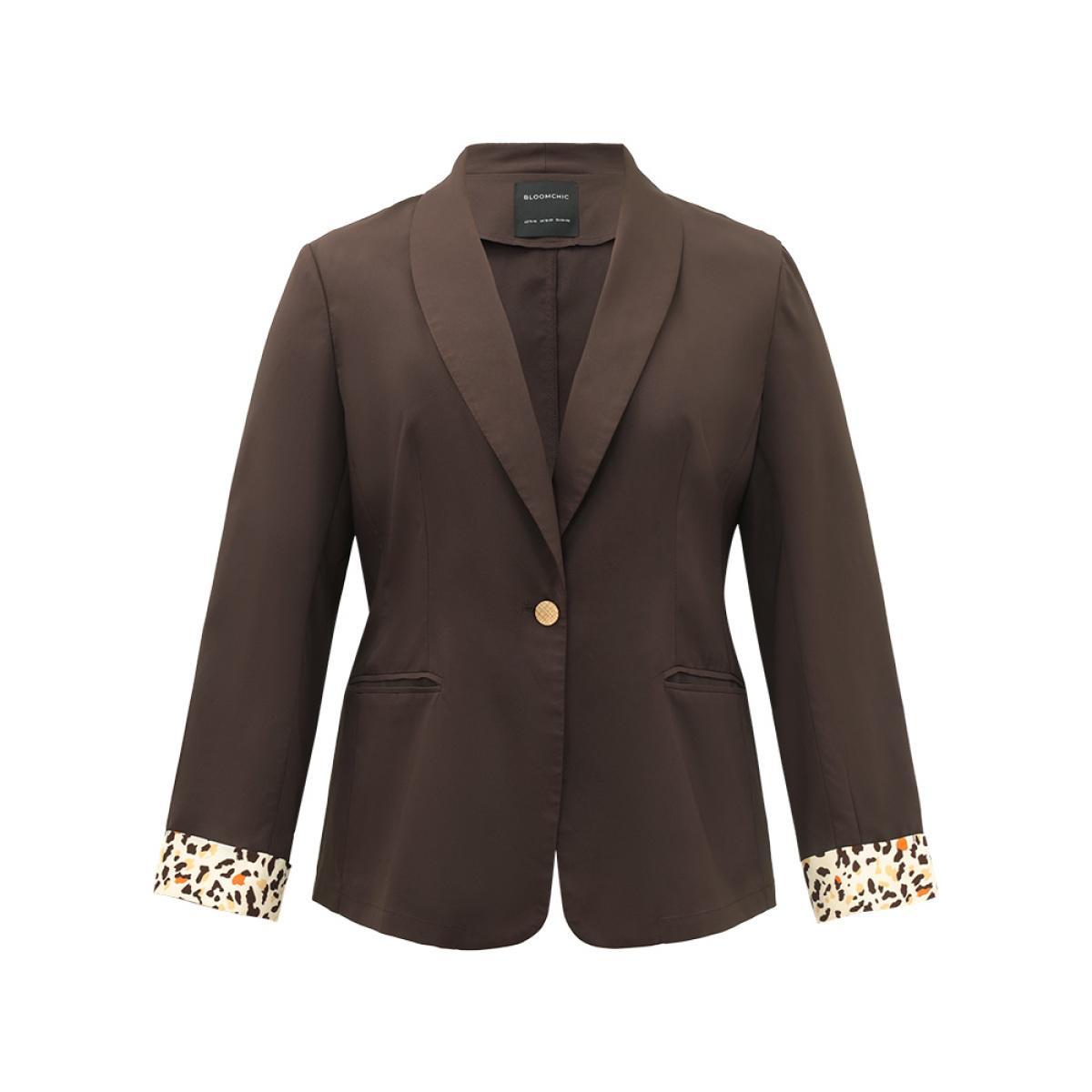 Plus Size Lapel Collar Patchwork Leopard Print Blazer DimGray Women Work Plain Contrast Sleeve Long Sleeve Lapel Collar 22-24/3X Pocket Office Blazers BloomChic Product Image