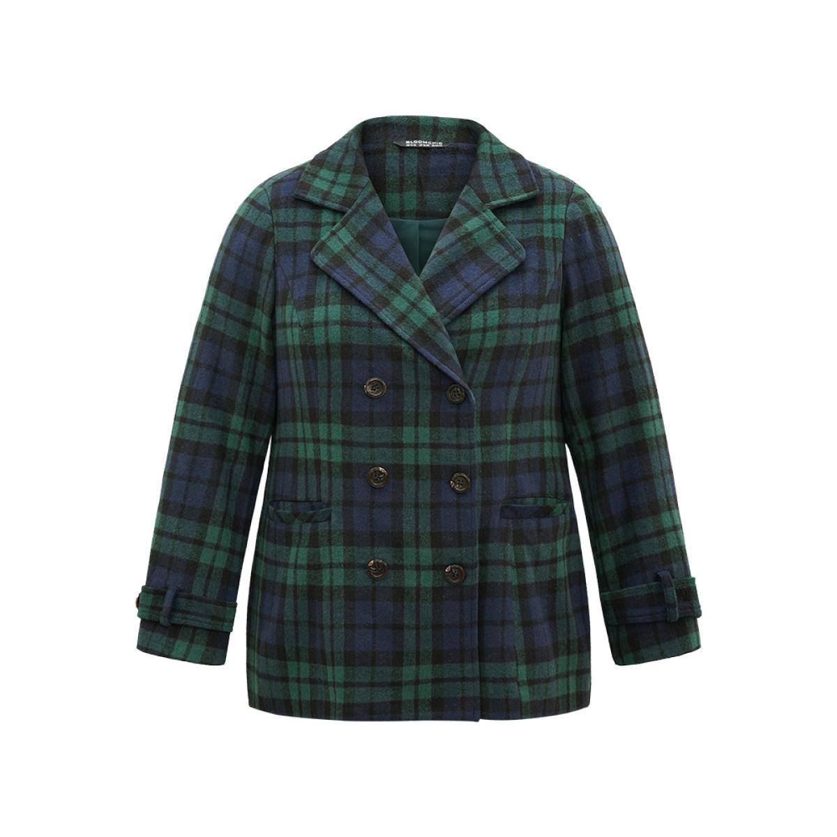 Plus Size Patched Pocket Plaid Double Breasted Coat Women DarkGreen Casual Lined Ladies Dailywear Winter Coats BloomChic 10/M Product Image