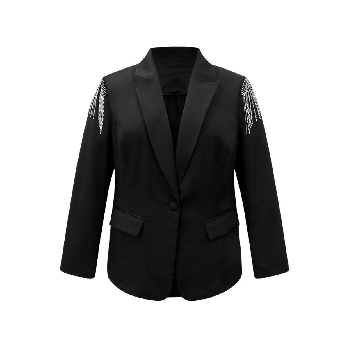 Plus Size Solid Suit Collar Tassel Trim Blazer Black Women Dailywear Plain Tassels Sleeve Long Sleeve Suit Collar 10/M Elegant Blazers BloomChic Product Image