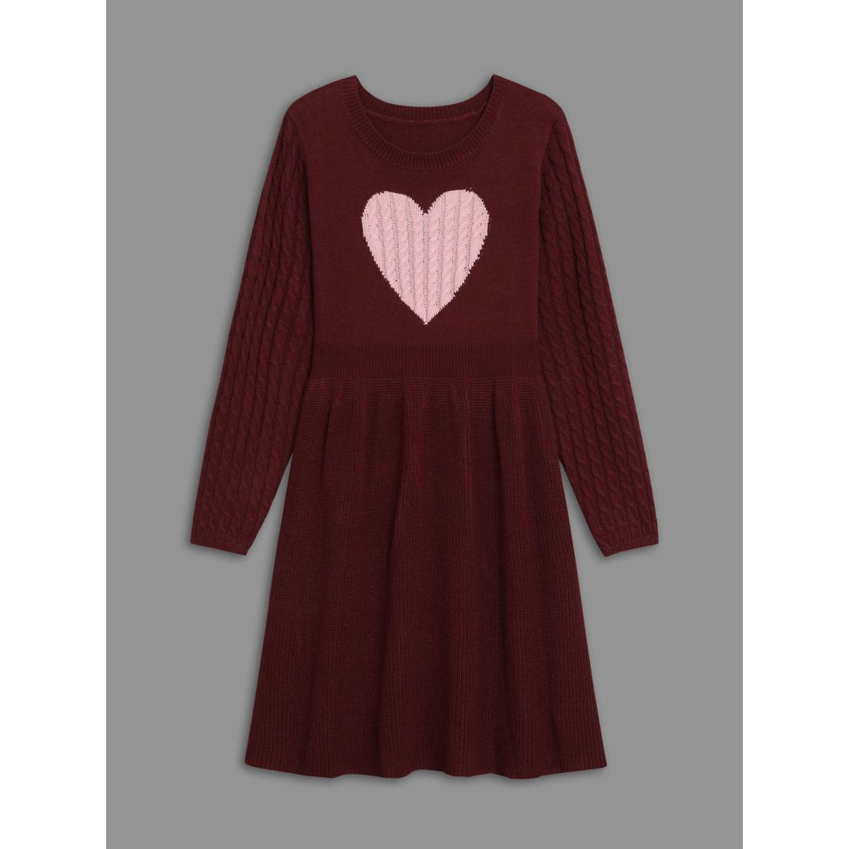 Plus Size Heart Motif Contrast Textured Dress Deepred Women Elegant Bodycon Long Sleeve Everyday Sweater Dresses BloomChic 28/5X Product Image