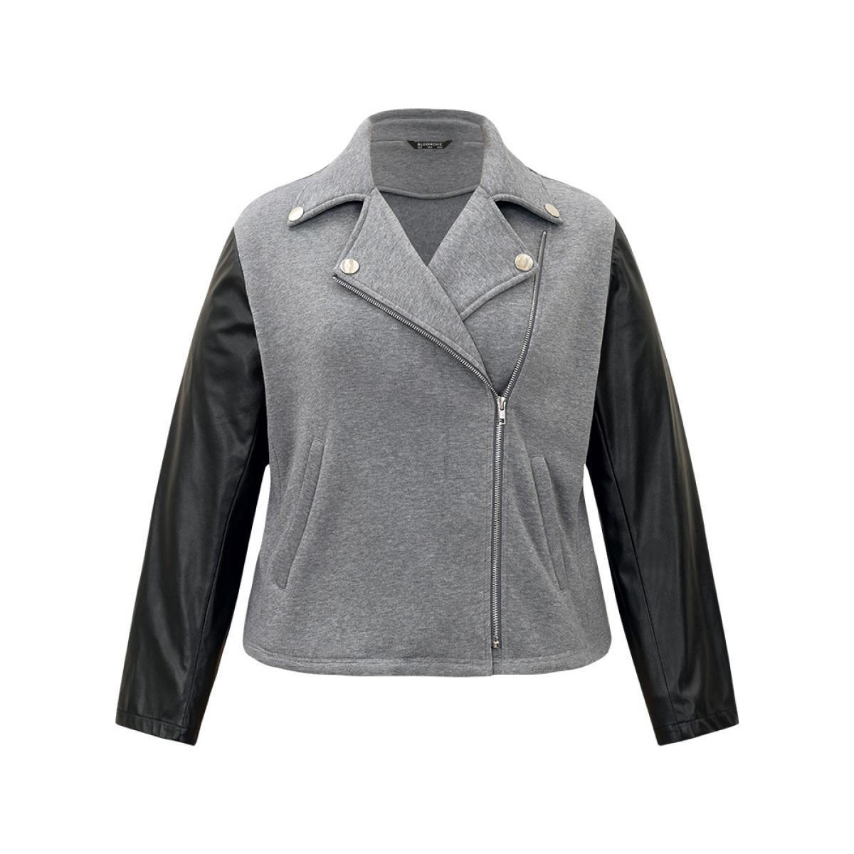 Plus Size PU Leather Zipper Contrast Button Detail Jacket Women Black Contrast Pocket Dailywear Jackets BloomChic 28/5X Product Image