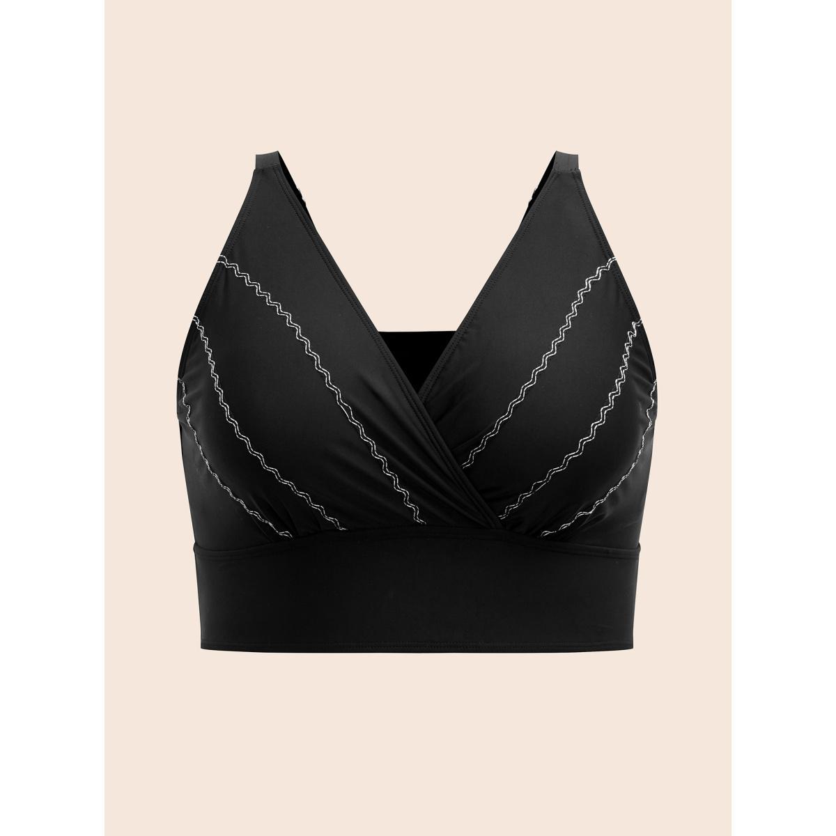 Plus Size Embroidered Surplice Neck Adjustable Swim Top Women's Swimwear Black Beach High stretch Skinny Overlap Collar Curve Swim Tops BloomChic 18-20/2X Product Image