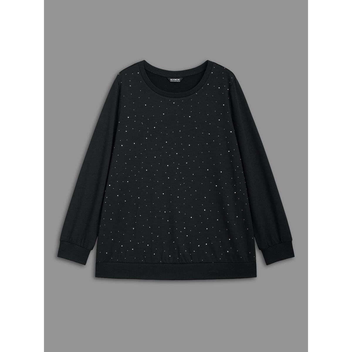 Plus Size Crew Neck Rhinestone Slightly Stretchy Sweatshirt Women Black Casual Rhinestone detailing Round Neck Everyday Sweatshirts BloomChic 22-24/3X Product Image