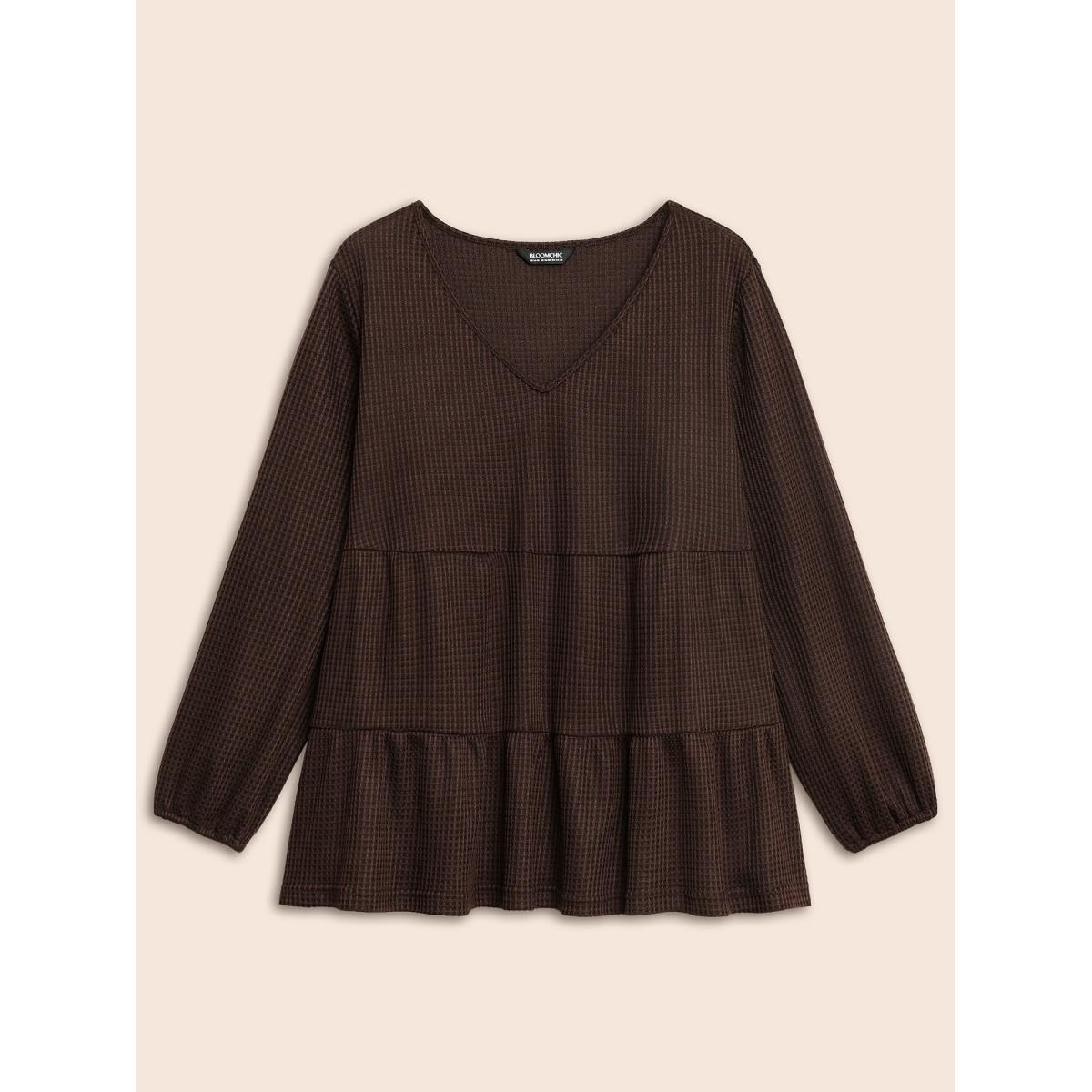 Plus Size Solid Waffle Knit Ruffle Hem T-shirt DarkBrown Women Casual Texture V-neck Everyday T-shirts BloomChic 22-24/3X Product Image